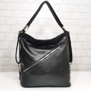 Черна дамска кожена чанта с диагонален цип