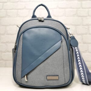 Раница от еко кожа имитация на лен 1310158SN синя, средно голяма