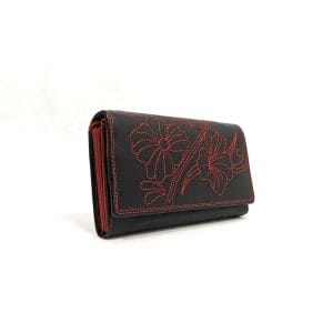 Портмоне от естествена кожа, черно с червена бродерия, голямо-GAP 3015HCH
