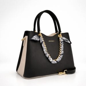 дамска черна елегантна чанта с къси дръжки и златиста верижка профил