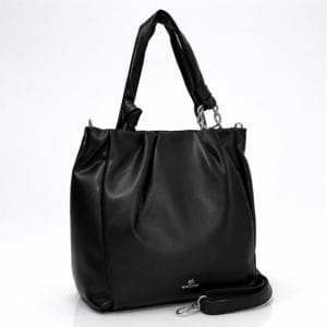 Черна дамска чанта Minissimi от мека еко кожа с ефектни плисета, дебели дръжки с възли и сребристи метални елементи