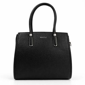 Дамска черна чанта с къси дръжки за работа – анфас, елегантна дамска бизнес чанта