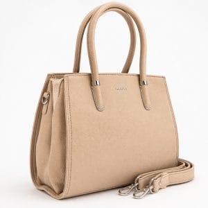 Дамска бежова чанта с къси дръжки за работа – профил, елегантна дамска чанта с дълга презрамка