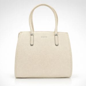 Дамска екрю чанта с къси дръжки за работа – анфас, елегантна дамска бизнес чанта