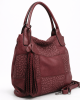 Бордо дамска чанта тип торба с ефектен пачуърк дизайн и ресни 357BO
