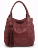 Бордо дамска чанта тип торба с ефектен пачуърк дизайн и ресни 357BO