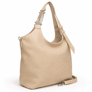 Бежова дамска чанта Valentini от еко кожа с декоративни верижки на дръжката.