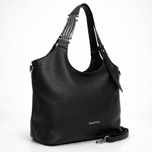 Черна дамска чанта Valentini от естествена кожа с декоративни верижки на дръжката