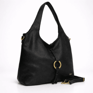 Черна дамска чанта хобо от еко кожа със златна кръгла катарама, декоративна каишка и регулируема презрамка