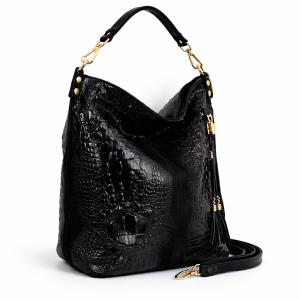 Ефектна чанта от естествена кожа с кроко принт 1196H черна, голяма