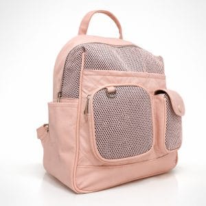 дамска раница профил – розова раница с мрежести панели и компактна форма