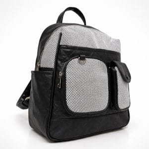 дамска раница профил – черна раница с мрежести панели и модерна форма