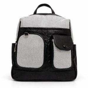 дамска раница анфас – черна дамска раница с предни джобове и контрастна мрежа