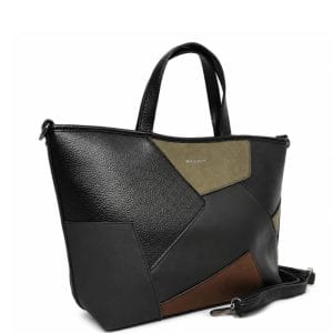 Дамска чанта MAXFLY GR101 с цветни геометрични акценти, къси дръжки и дълга презрамка, изглед под ъгъл